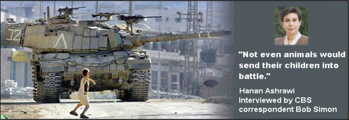 Palestinian child throwing rock at Israeli tank.