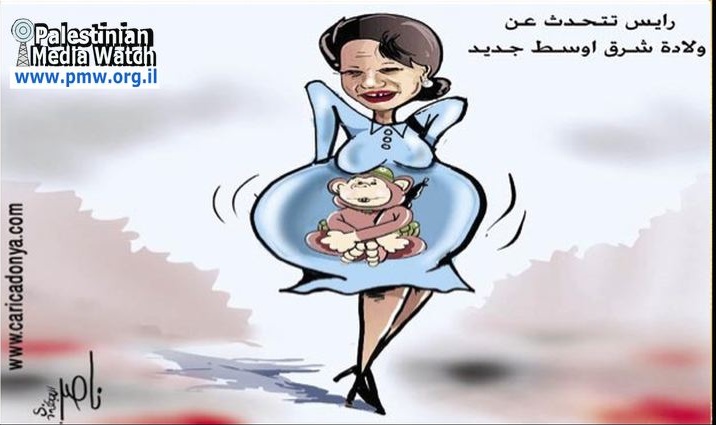 Cartoon:  Condoleezza Rice pregnant with a monkey.